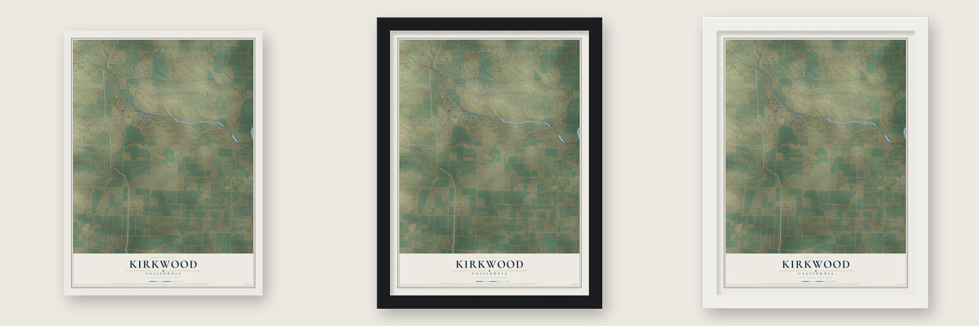 Kirkwood, Glenn County, California map unframed, in a black wood frame and in a white wood frame