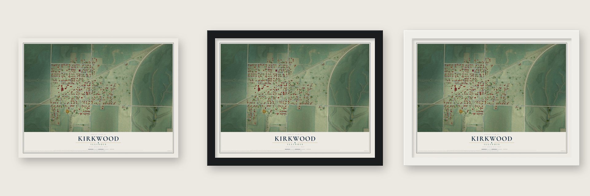 Kirkwood, Illinois map unframed, in a black wood frame and in a white wood frame