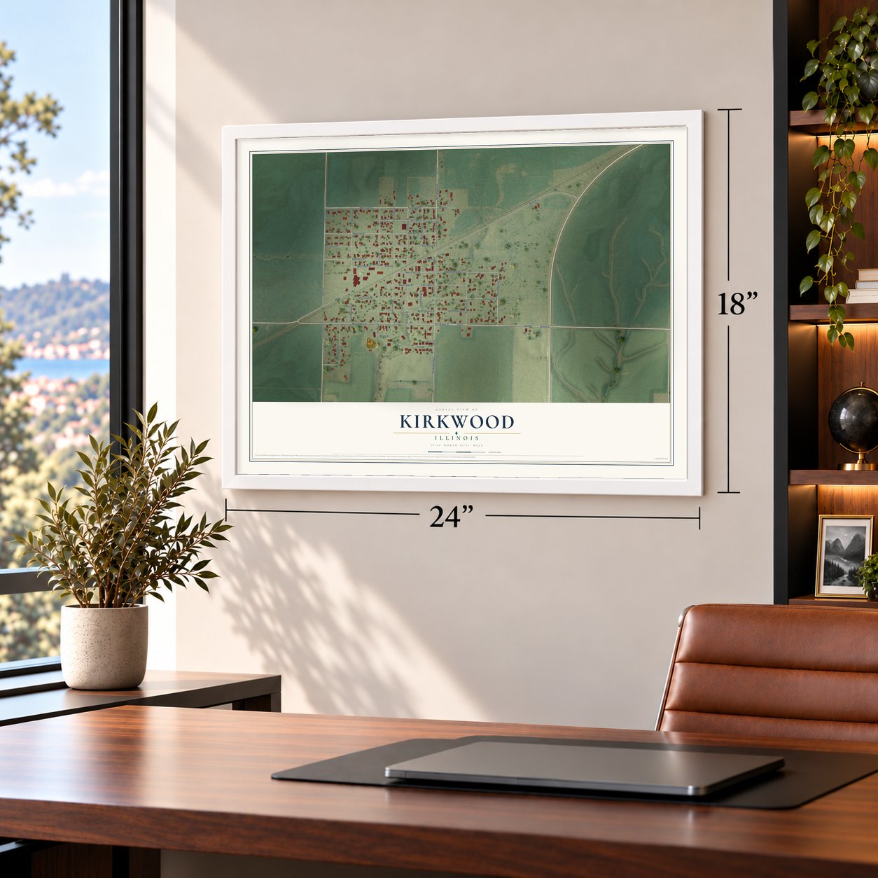 Kirkwood, Illinois map, 18 x 24 inch print in a white frame in a home office