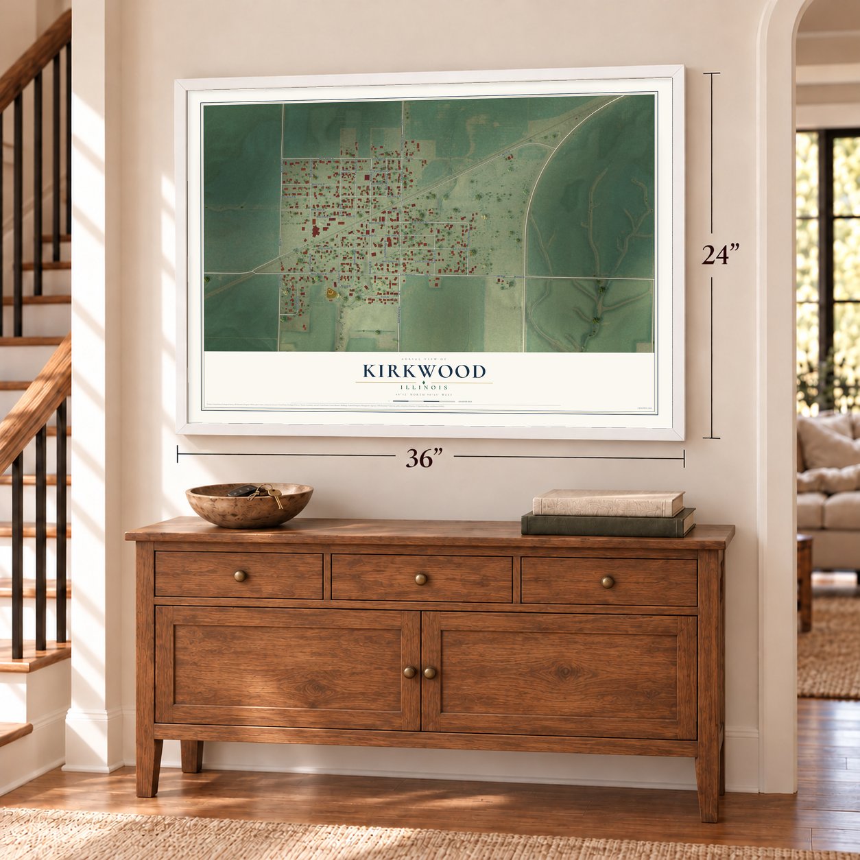 Kirkwood, Illinois map, 24 x 36 inch print in a white frame above a dresser by a staircase