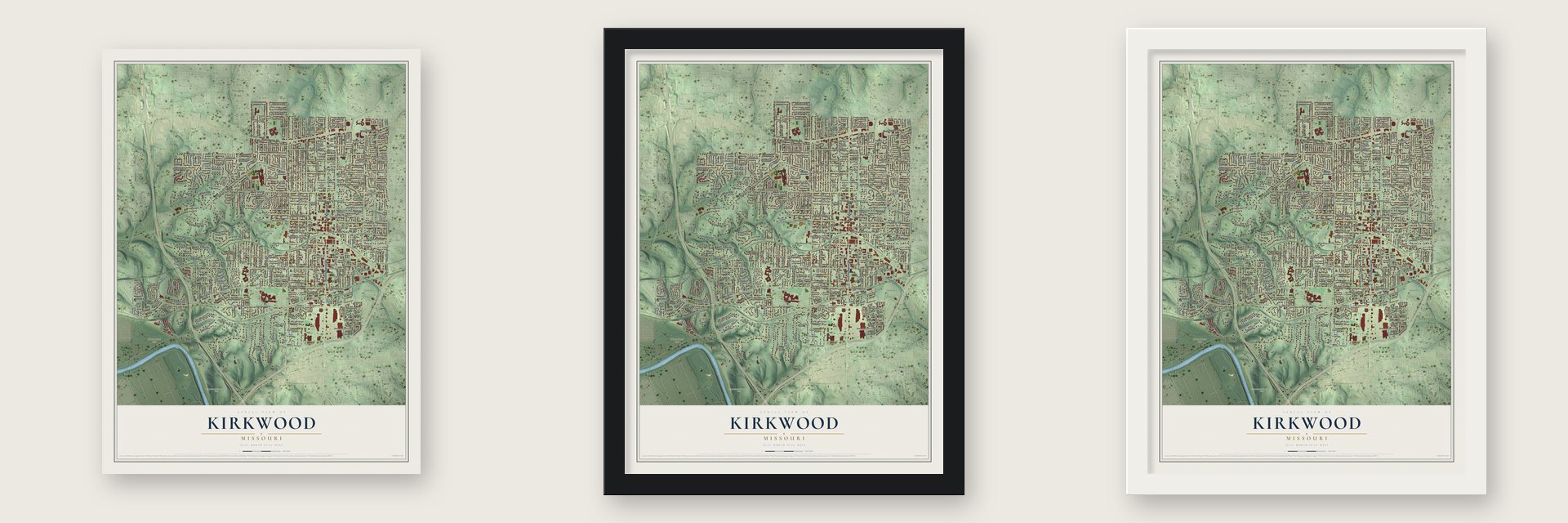 Kirkwood, Missouri map unframed, in a black wood frame and in a white wood frame