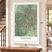 Kirkwood, Missouri map, 24 x 36 inch print in a white frame by a staircase