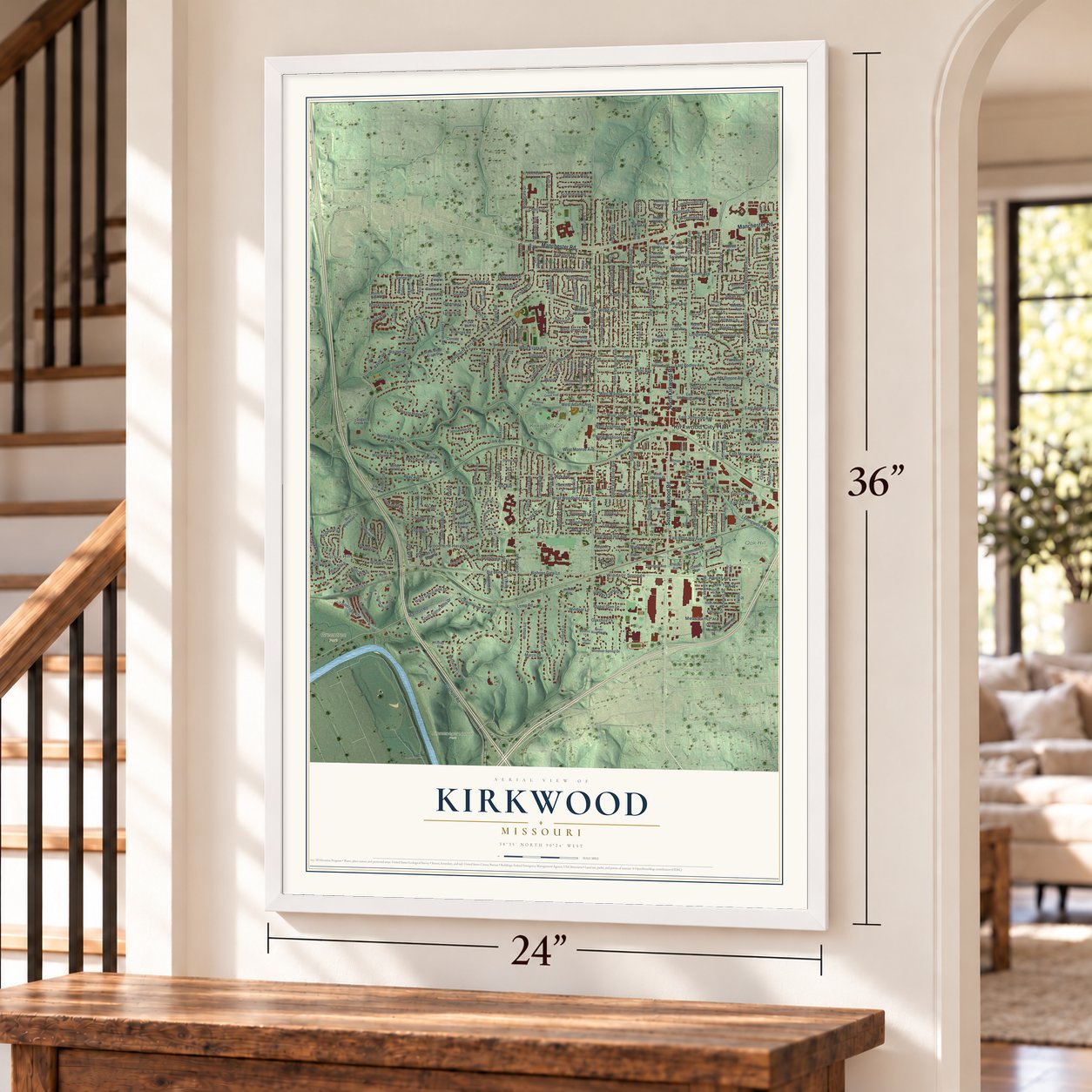 Kirkwood, Missouri map, 24 x 36 inch print in a white frame by a staircase