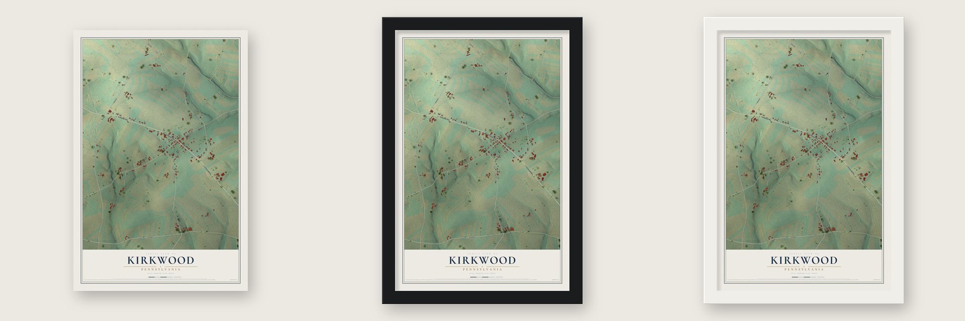 Kirkwood, Pennsylvania map unframed, in a black wood frame and in a white wood frame