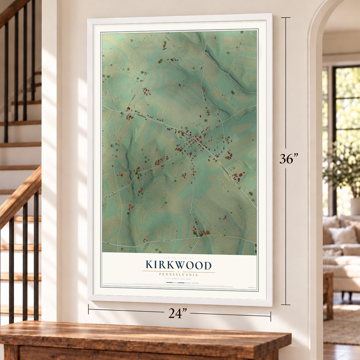 Kirkwood, Pennsylvania map, 24 x 36 inch print in a white frame by a staircase