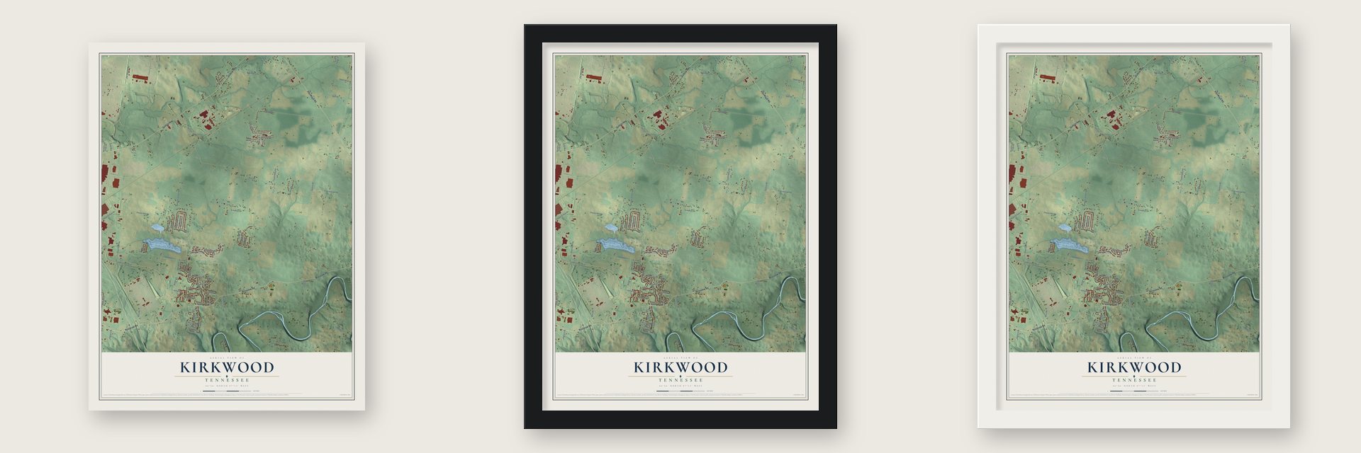 Kirkwood, Tennessee map unframed, in a black wood frame and in a white wood frame