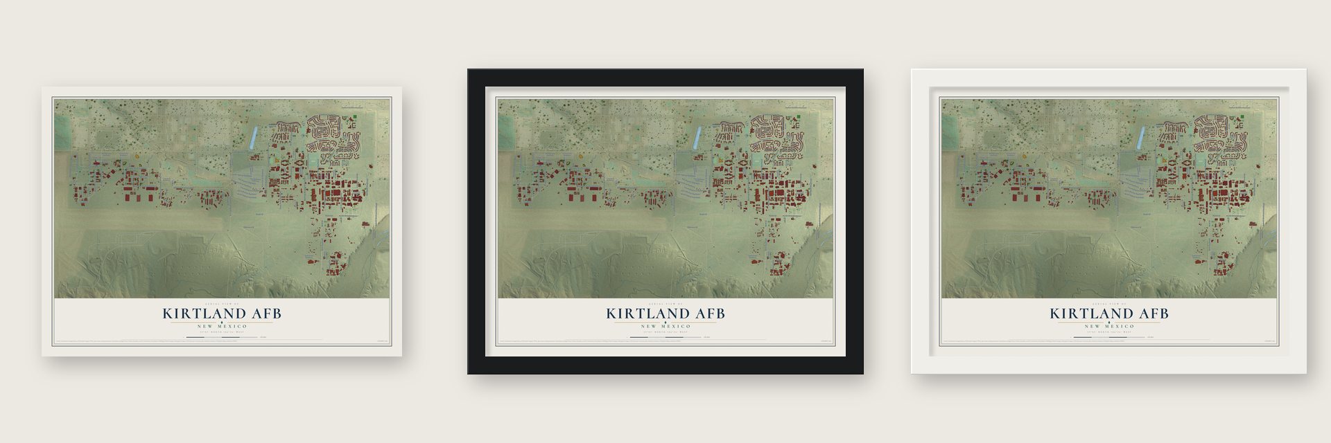 Kirtland AFB, New Mexico map unframed, in a black wood frame and in a white wood frame