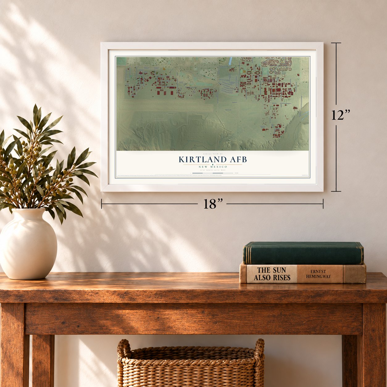 Kirtland AFB, New Mexico map, 12 x 18 inch print in a white frame in an entryway