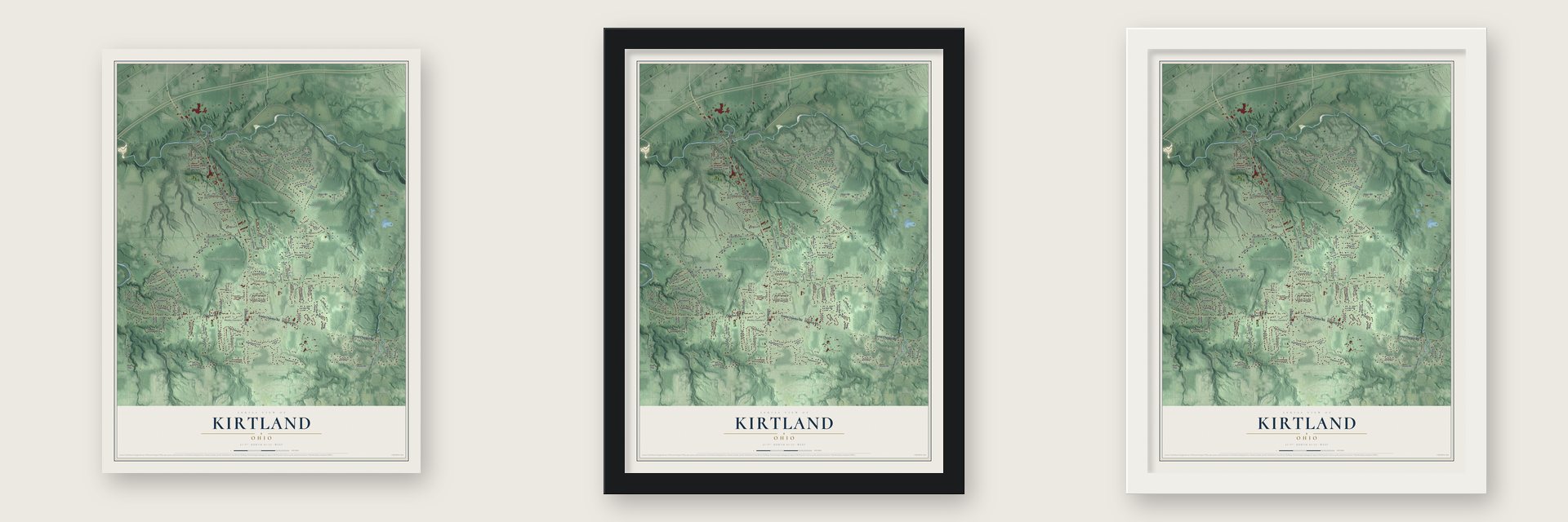 Kirtland, Ohio map unframed, in a black wood frame and in a white wood frame