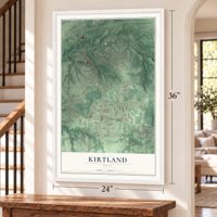 Kirtland, Ohio map, 24 x 36 inch print in a white frame by a staircase