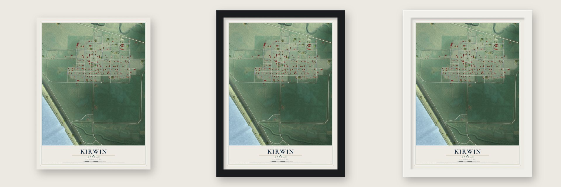 Kirwin, Kansas map unframed, in a black wood frame and in a white wood frame