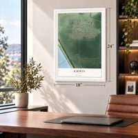 Kirwin, Kansas map, 18 x 24 inch print in a white frame in a home office