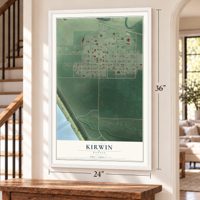 Kirwin, Kansas map, 24 x 36 inch print in a white frame by a staircase