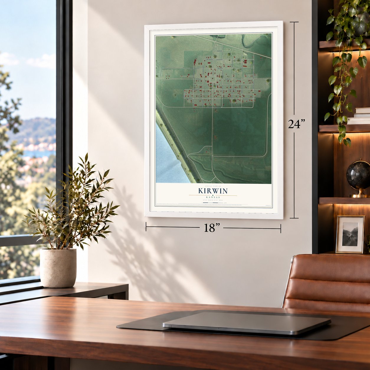 Kirwin, Kansas map, 18 x 24 inch print in a white frame in a home office