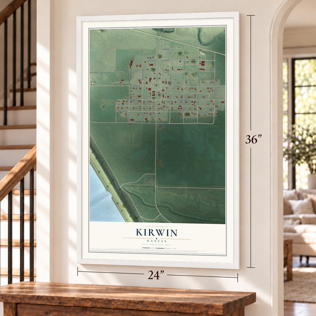 Kirwin, Kansas map, 24 x 36 inch print in a white frame by a staircase