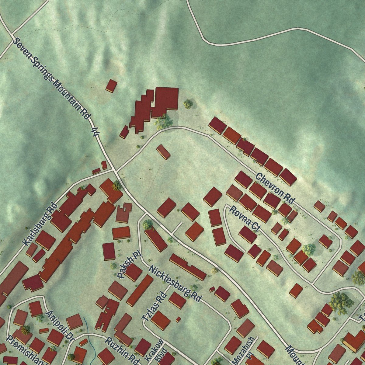 Second close-up of the map of Kiryas Joel, New York print showing more streets and buildings