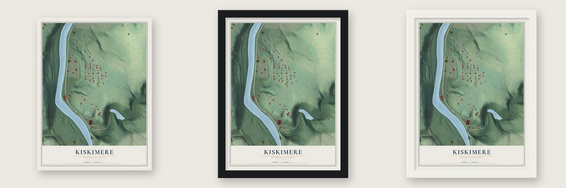 Kiskimere, Pennsylvania map unframed, in a black wood frame and in a white wood frame