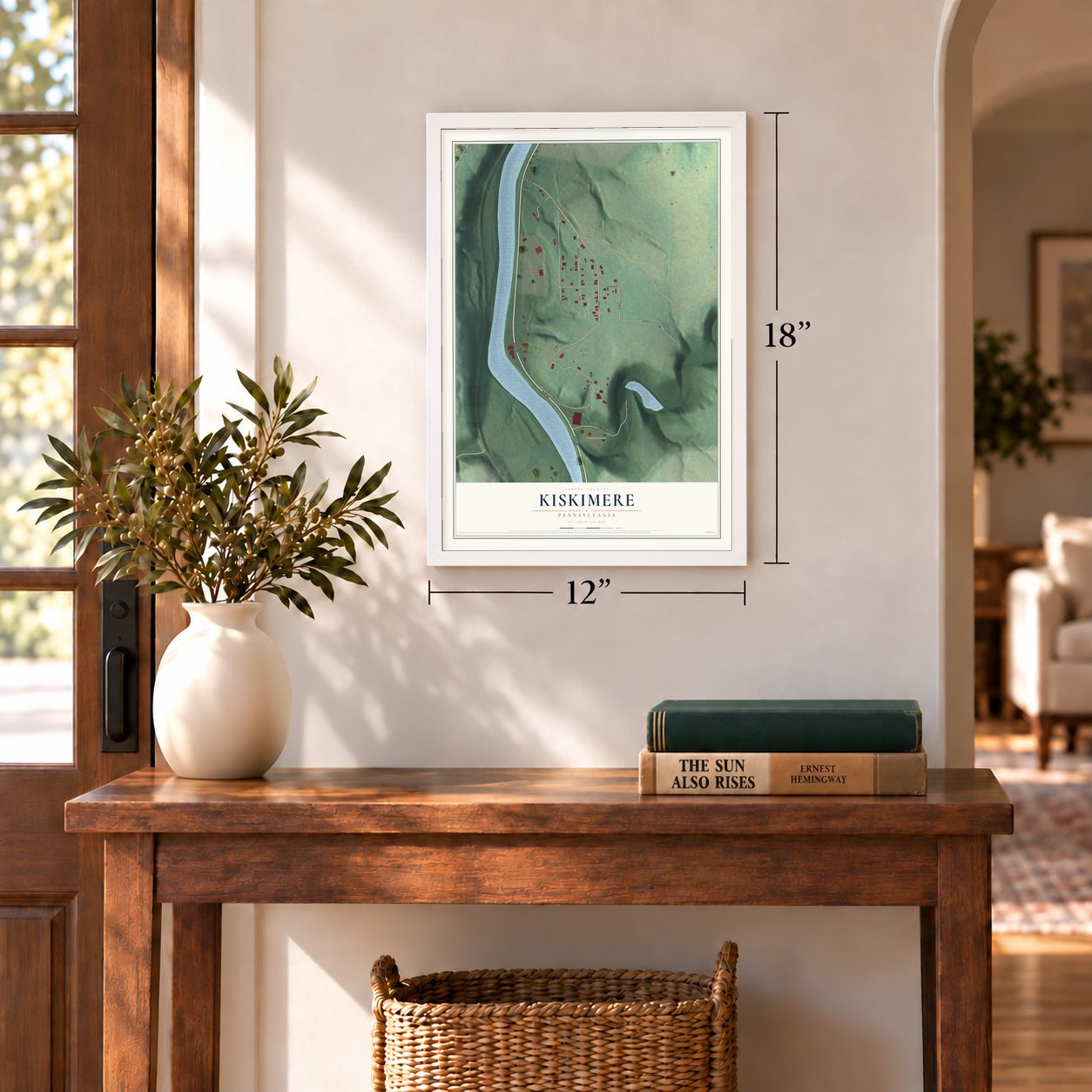 Kiskimere, Pennsylvania map, 12 x 18 inch print in a white frame in an entryway