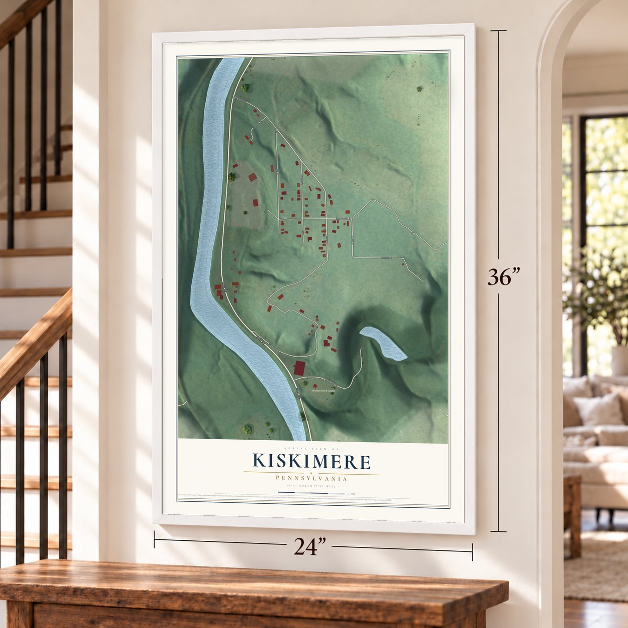 Kiskimere, Pennsylvania map, 24 x 36 inch print in a white frame by a staircase