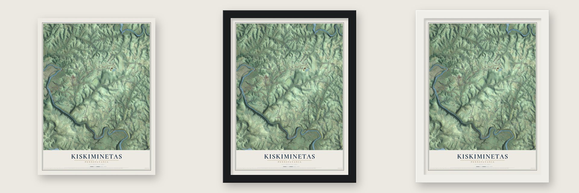 Kiskiminetas, Pennsylvania map unframed, in a black wood frame and in a white wood frame
