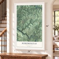 Kiskiminetas, Pennsylvania map, 24 x 36 inch print in a white frame by a staircase