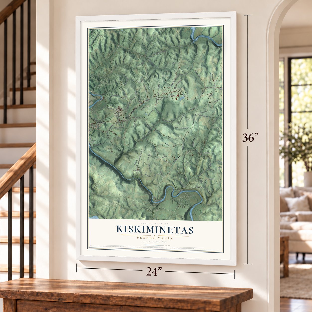 Kiskiminetas, Pennsylvania map, 24 x 36 inch print in a white frame by a staircase