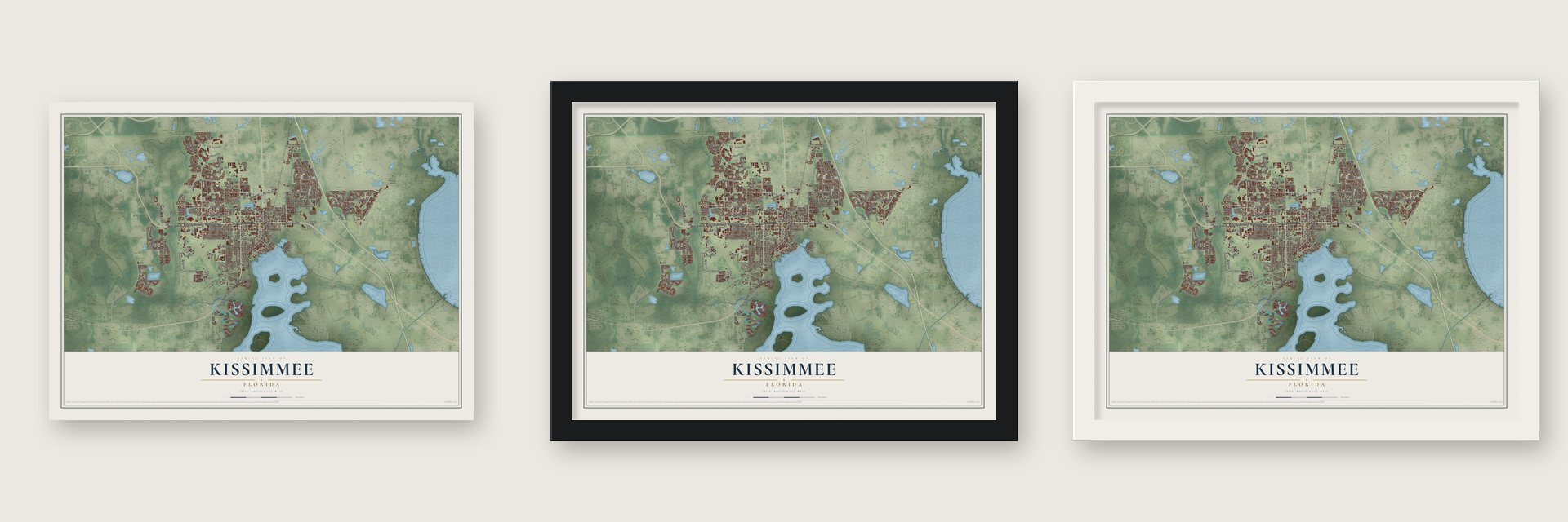 Kissimmee, Florida map unframed, in a black wood frame and in a white wood frame