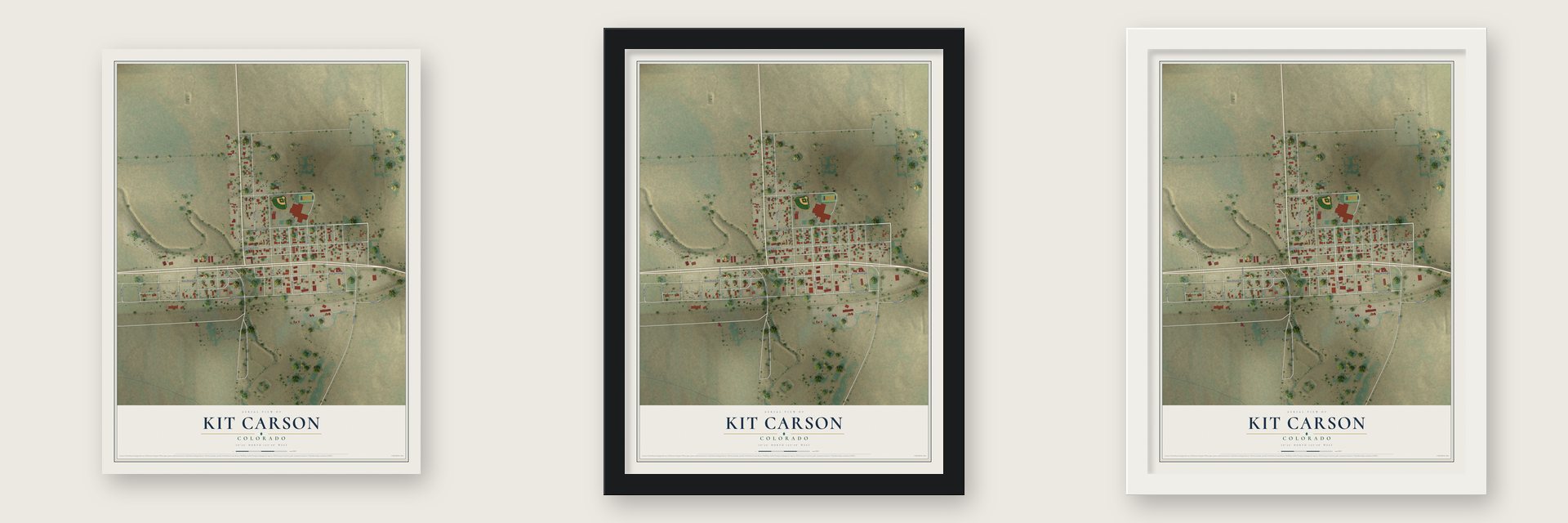 Kit Carson, Colorado map unframed, in a black wood frame and in a white wood frame