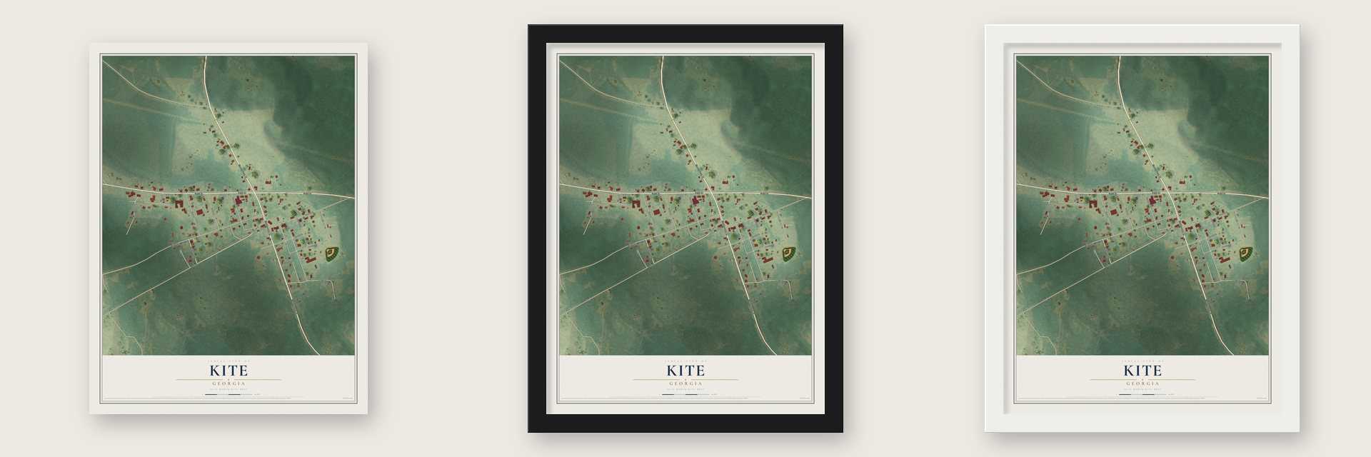 Kite, Georgia map unframed, in a black wood frame and in a white wood frame