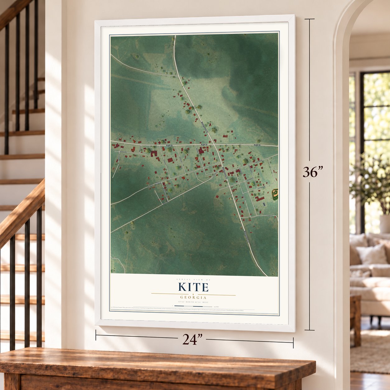 Kite, Georgia map, 24 x 36 inch print in a white frame by a staircase