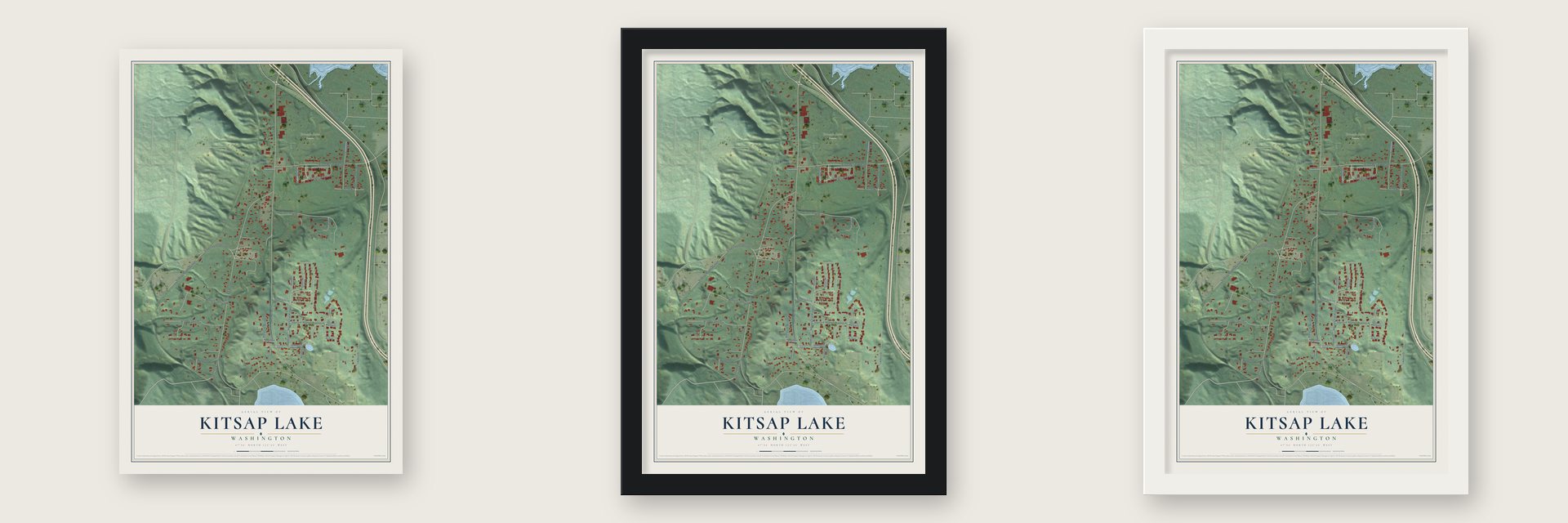 Kitsap Lake, Washington map unframed, in a black wood frame and in a white wood frame