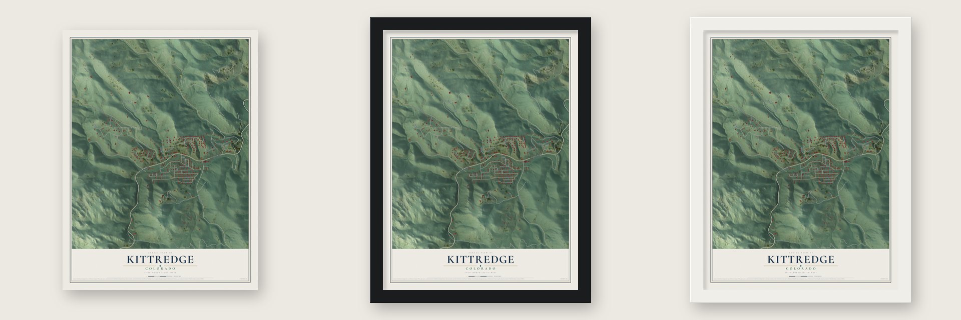 Kittredge, Colorado map unframed, in a black wood frame and in a white wood frame