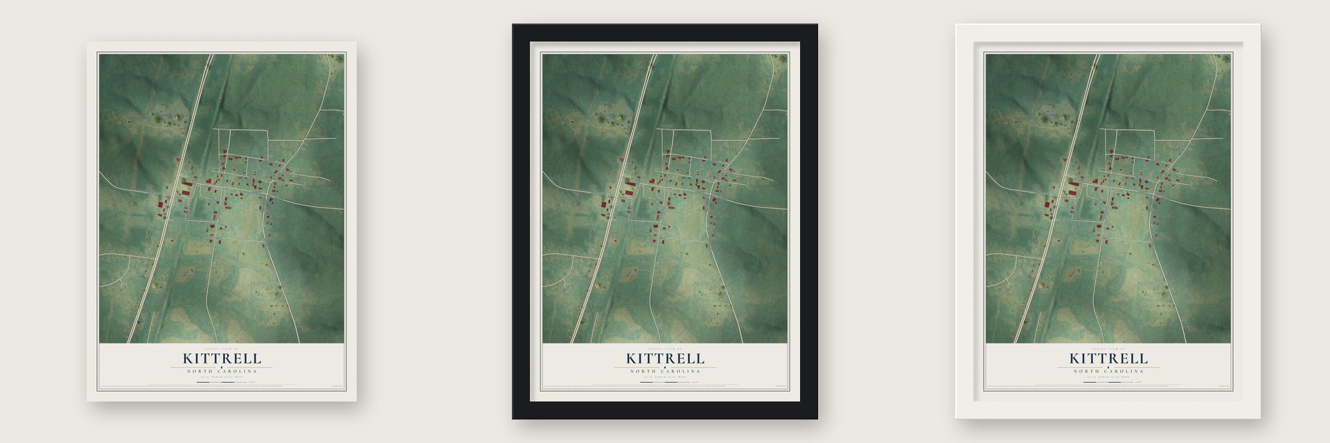 Kittrell, North Carolina map unframed, in a black wood frame and in a white wood frame