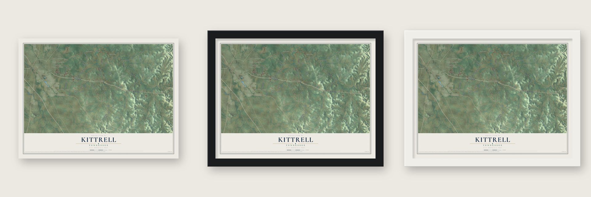 Kittrell, Tennessee map unframed, in a black wood frame and in a white wood frame