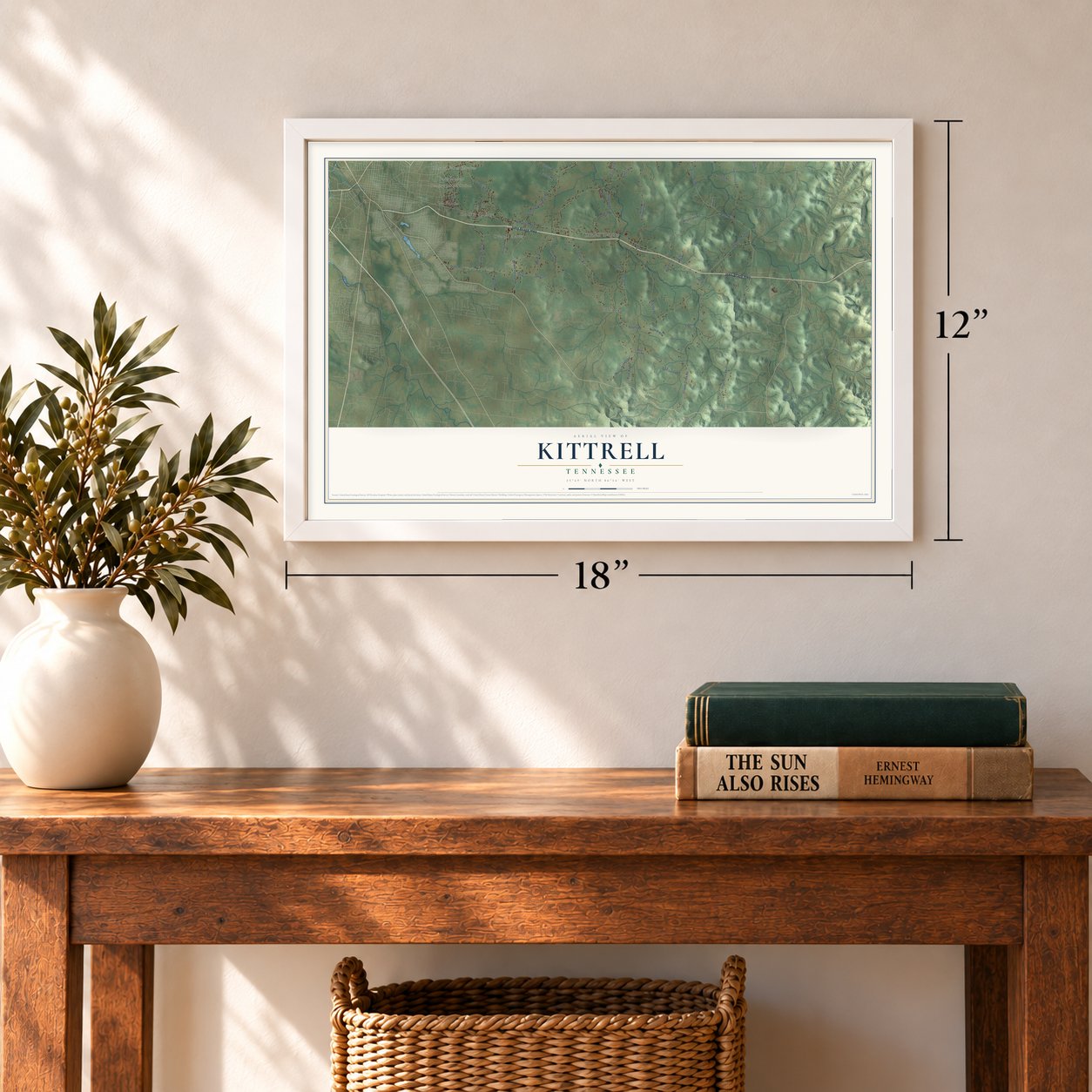 Kittrell, Tennessee map, 12 x 18 inch print in a white frame in an entryway