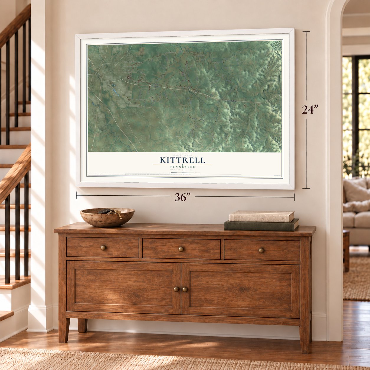 Kittrell, Tennessee map, 24 x 36 inch print in a white frame above a dresser by a staircase