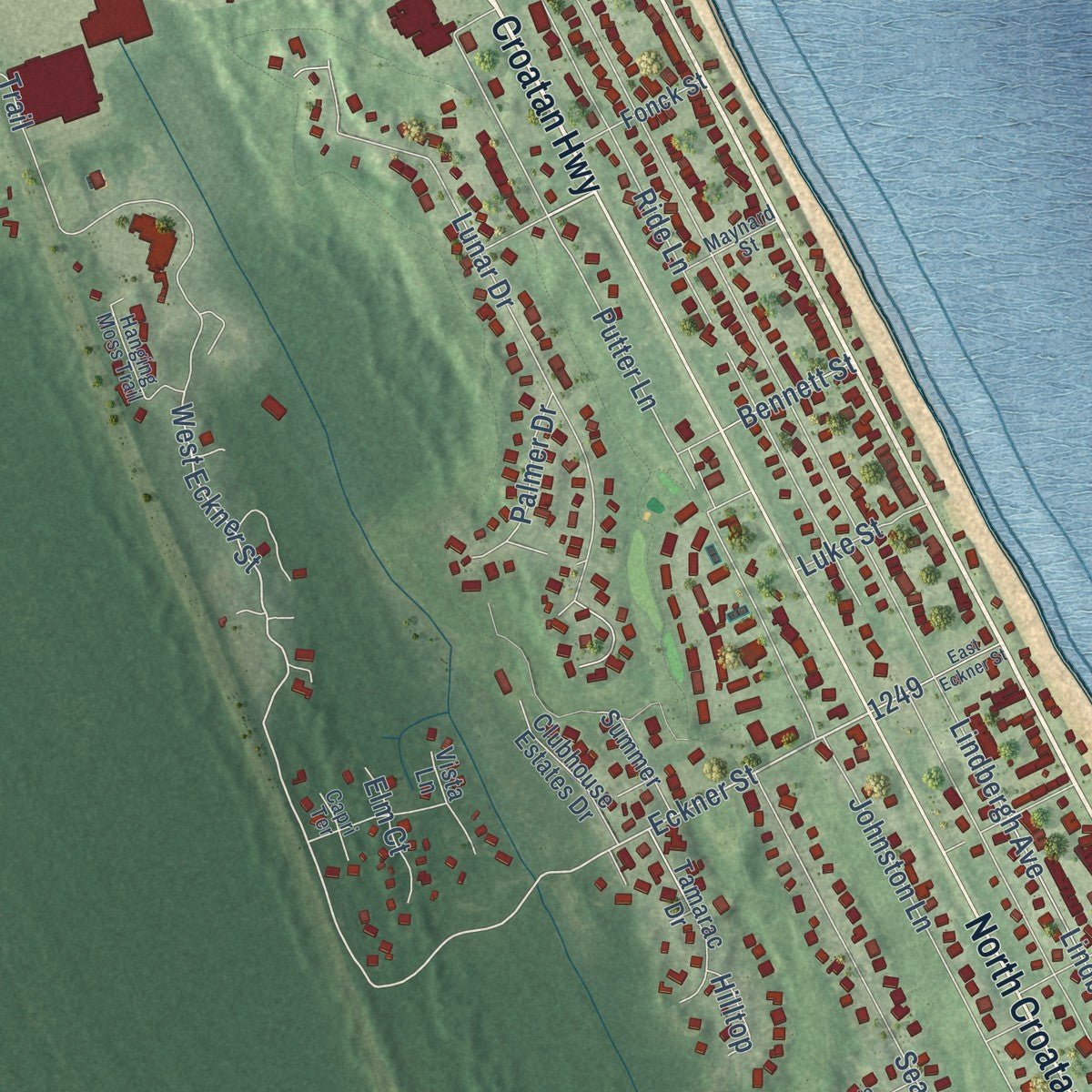Second close-up of the map of Kitty Hawk, North Carolina print showing more streets and buildings