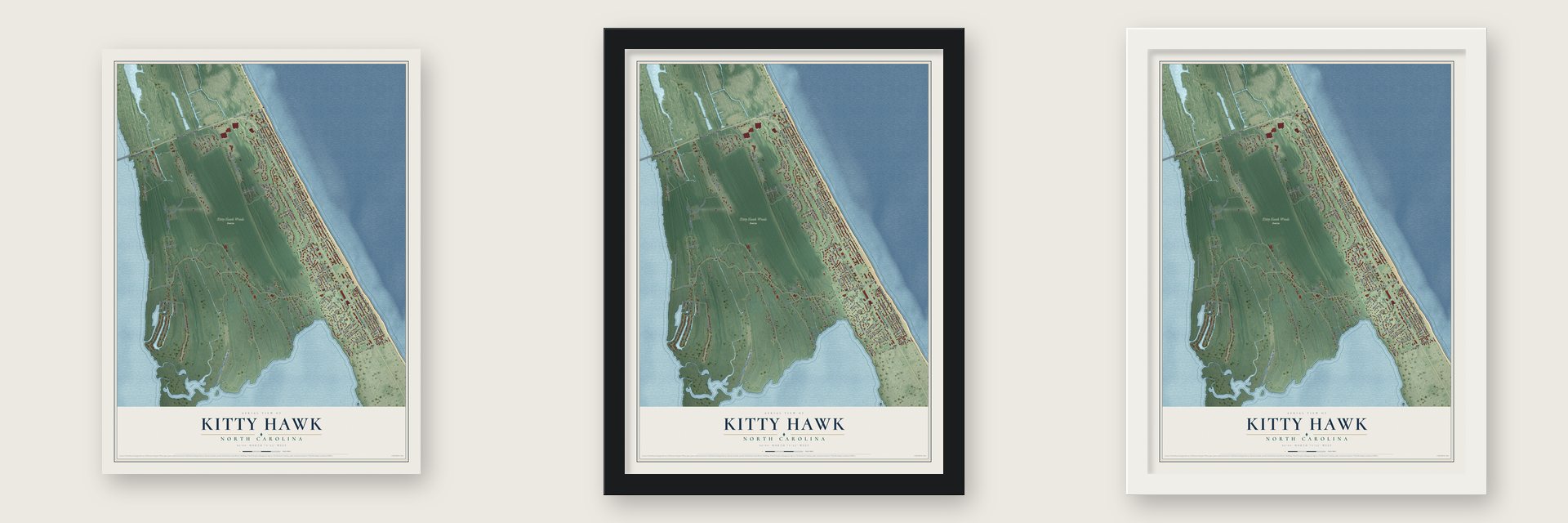 Kitty Hawk, North Carolina map unframed, in a black wood frame and in a white wood frame