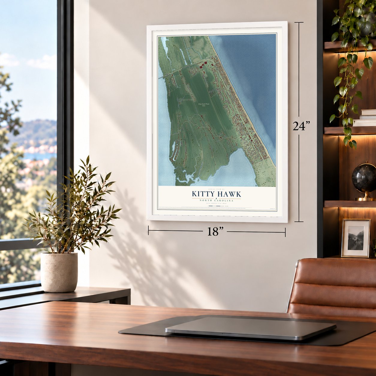 Kitty Hawk, North Carolina map, 18 x 24 inch print in a white frame in a home office