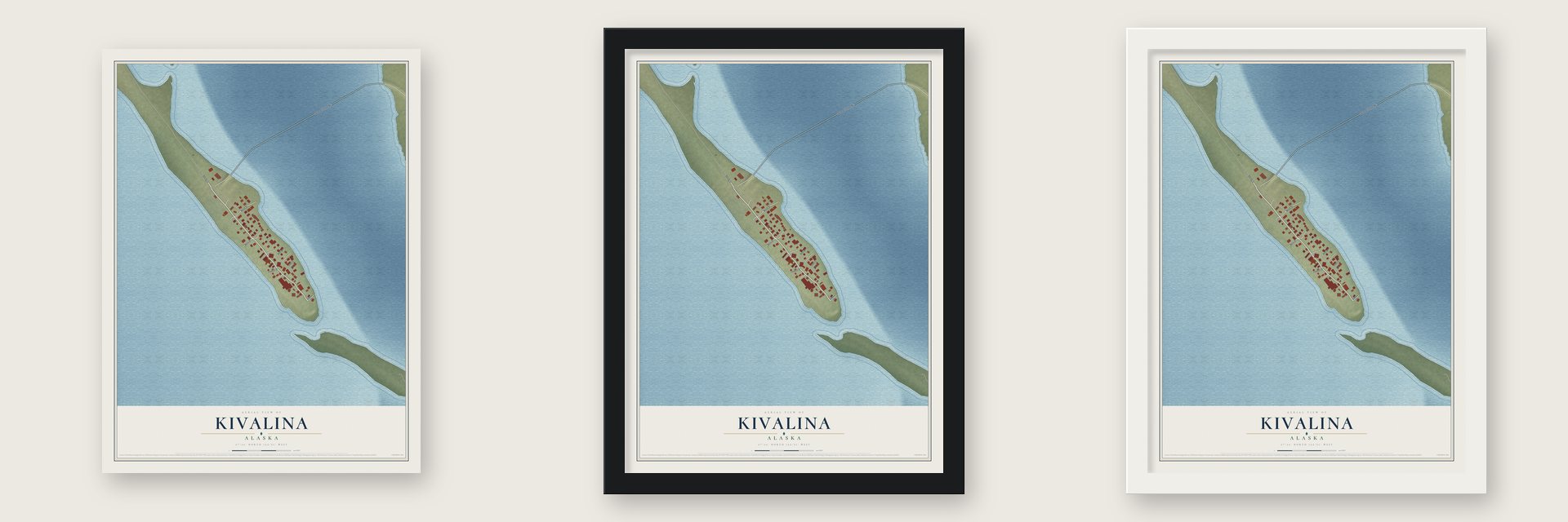 Kivalina, Alaska map unframed, in a black wood frame and in a white wood frame