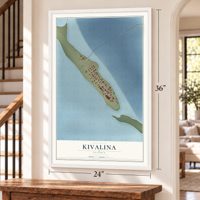 Kivalina, Alaska map, 24 x 36 inch print in a white frame by a staircase