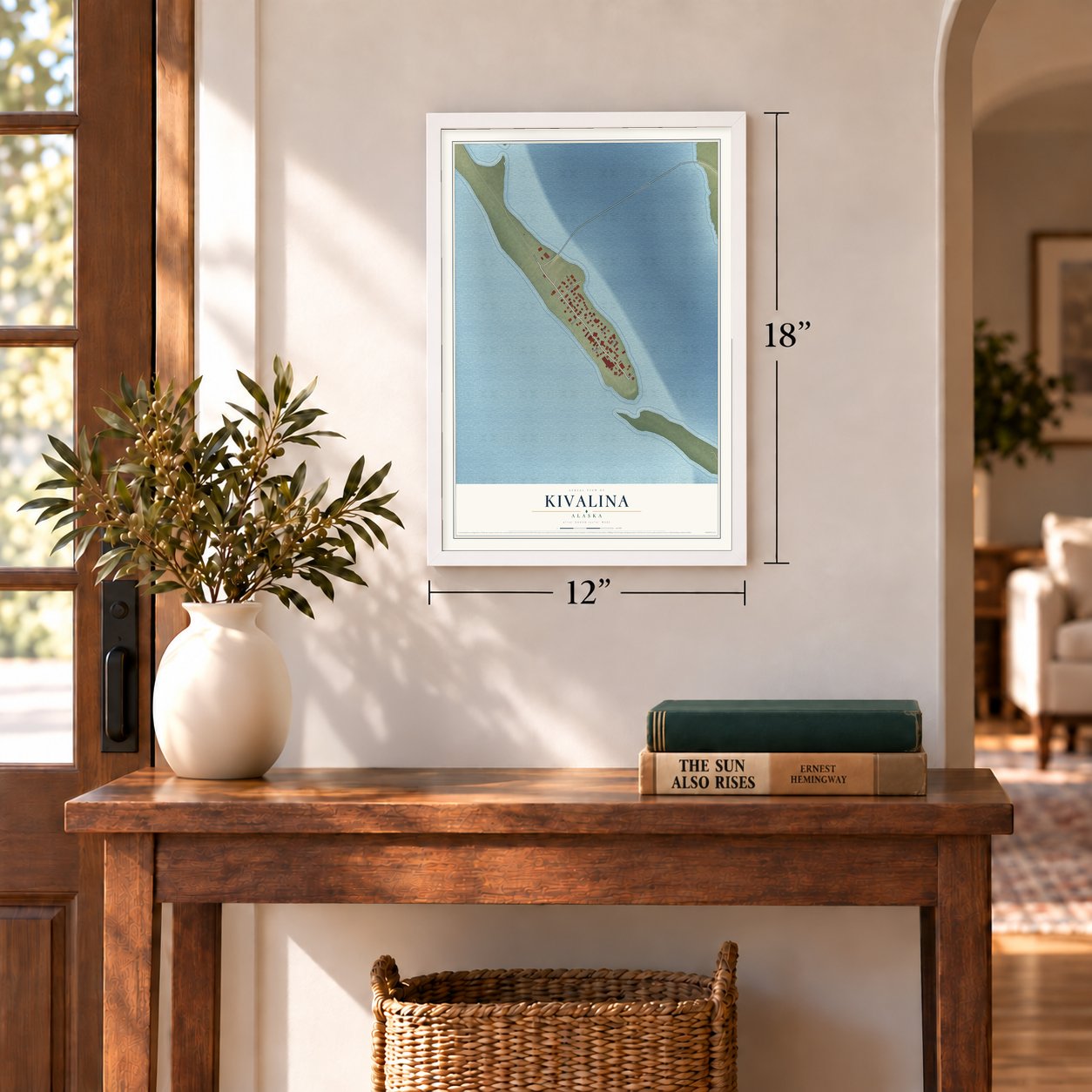 Kivalina, Alaska map, 12 x 18 inch print in a white frame in an entryway