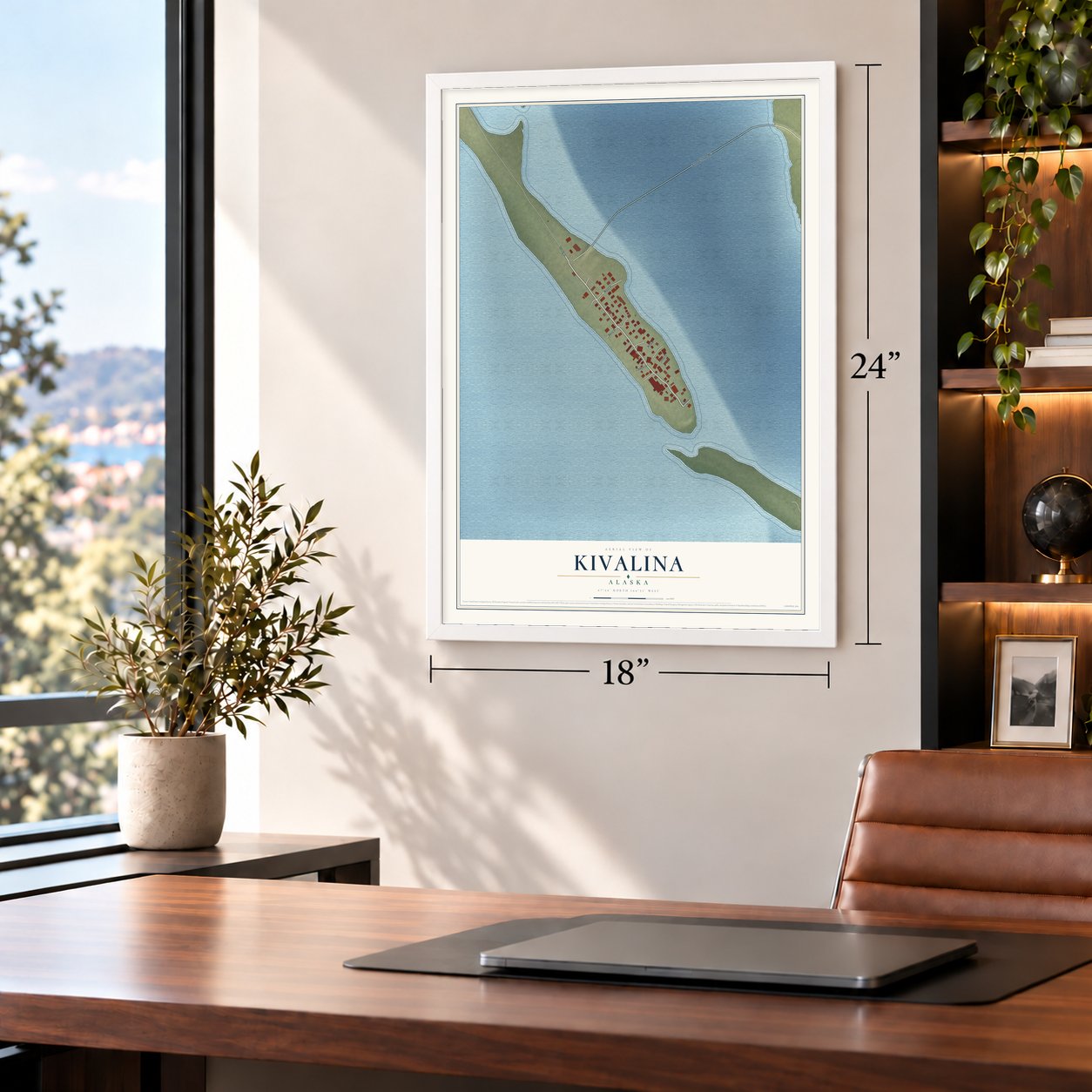 Kivalina, Alaska map, 18 x 24 inch print in a white frame in a home office