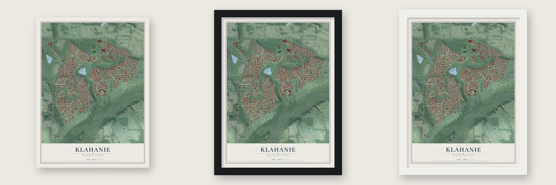 Klahanie, Washington map unframed, in a black wood frame and in a white wood frame