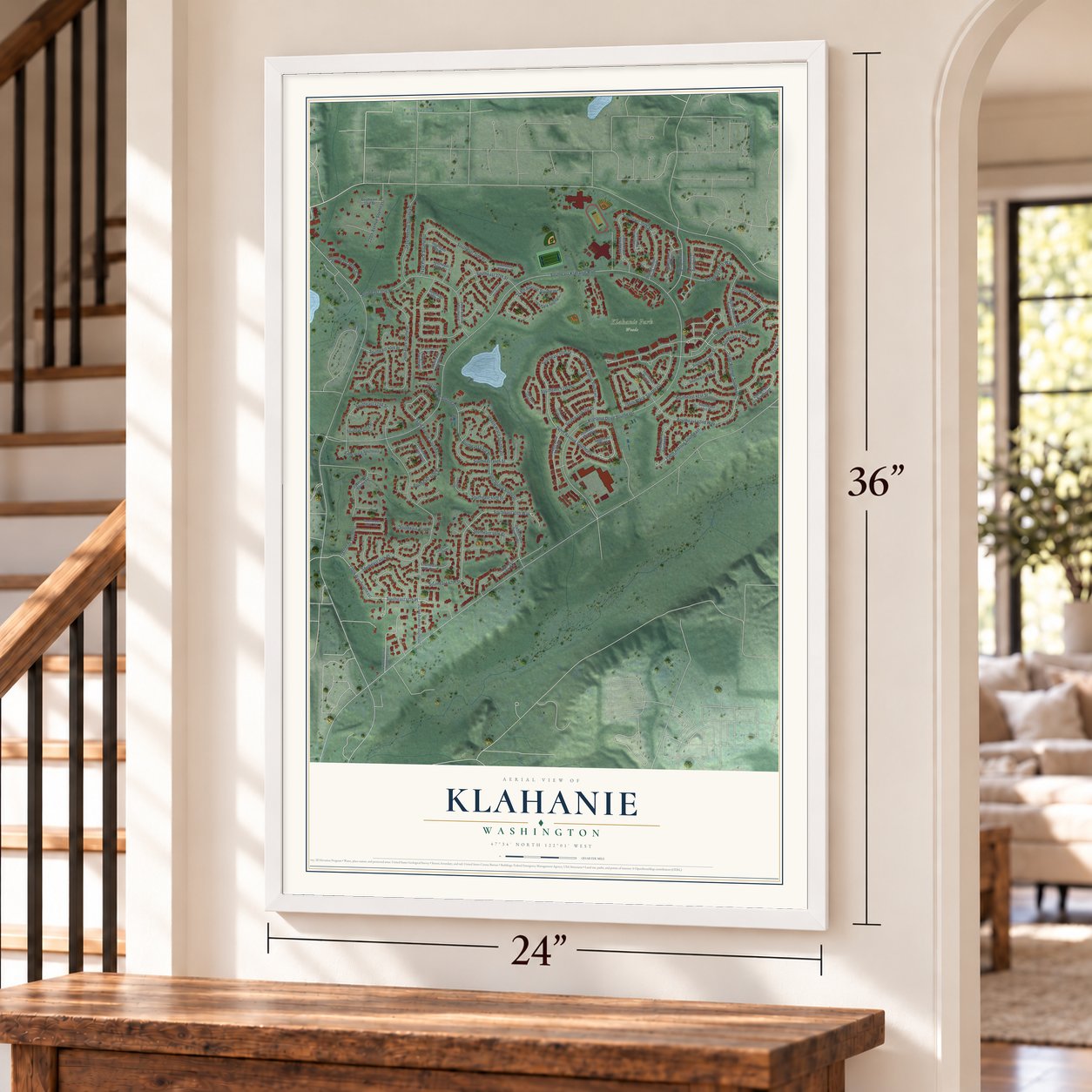 Klahanie, Washington map, 24 x 36 inch print in a white frame by a staircase