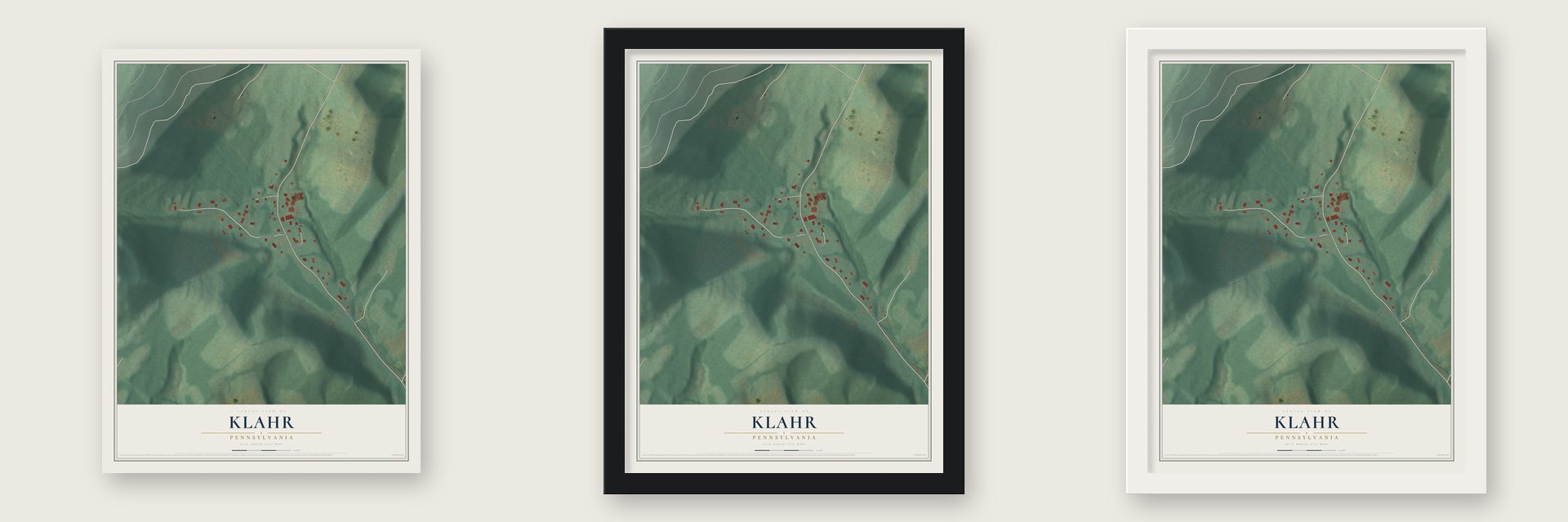 Klahr, Pennsylvania map unframed, in a black wood frame and in a white wood frame