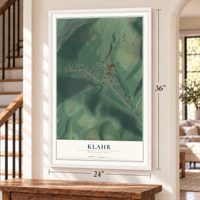 Klahr, Pennsylvania map, 24 x 36 inch print in a white frame by a staircase