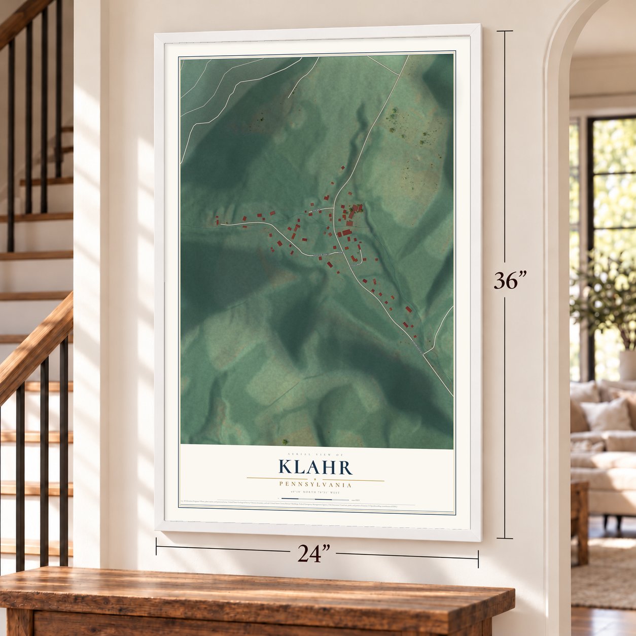 Klahr, Pennsylvania map, 24 x 36 inch print in a white frame by a staircase