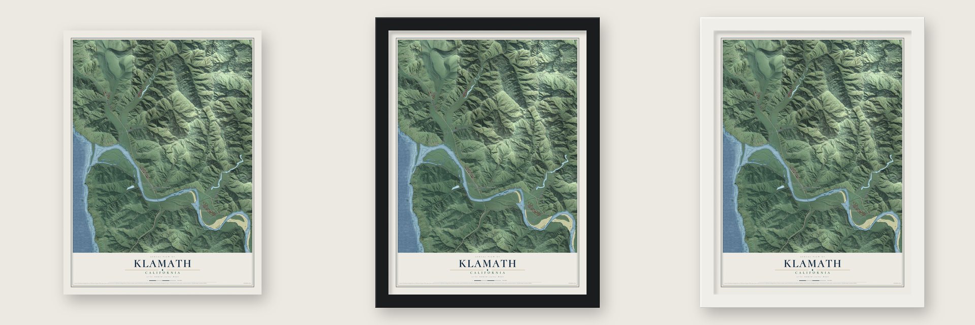 Klamath, California map unframed, in a black wood frame and in a white wood frame