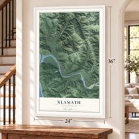 Klamath, California map, 24 x 36 inch print in a white frame by a staircase
